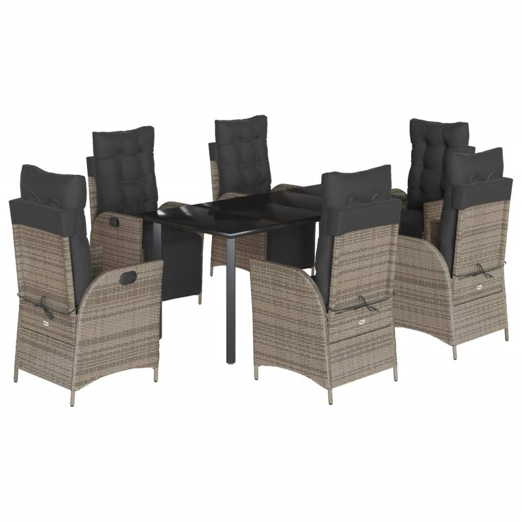 vidaXL 7-tlg. Garten-Essgruppe mit Kissen Grau Poly Rattan