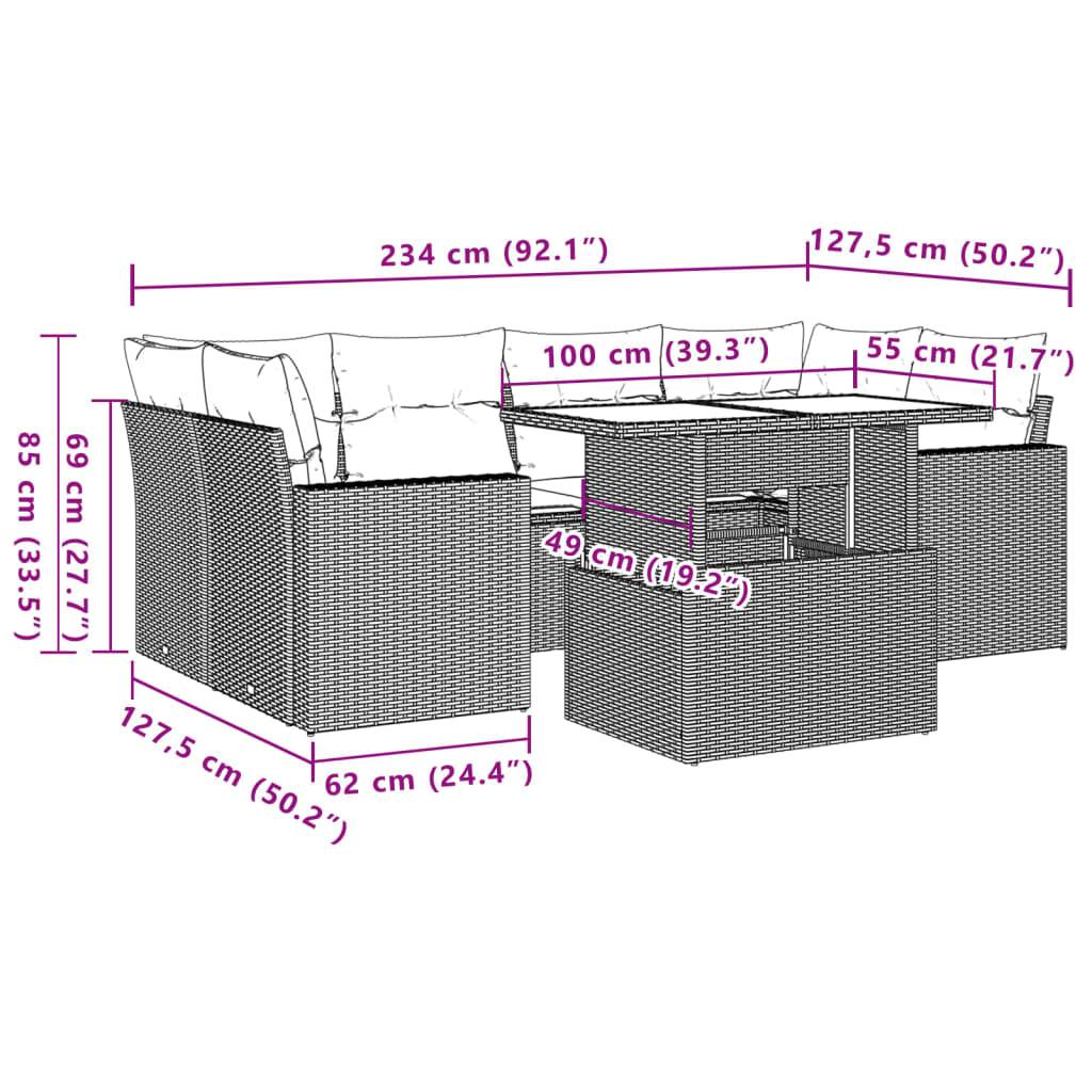vidaXL 7-tlg. Garten-Sofagarnitur mit Kissen Schwarz Poly Rattan