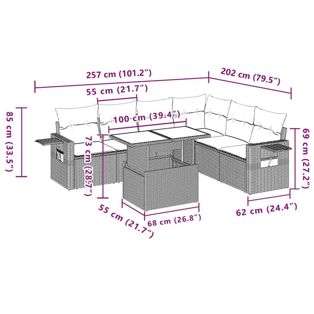 vidaXL 7-tlg. Garten-Sofagarnitur mit Kissen Schwarz Poly Rattan