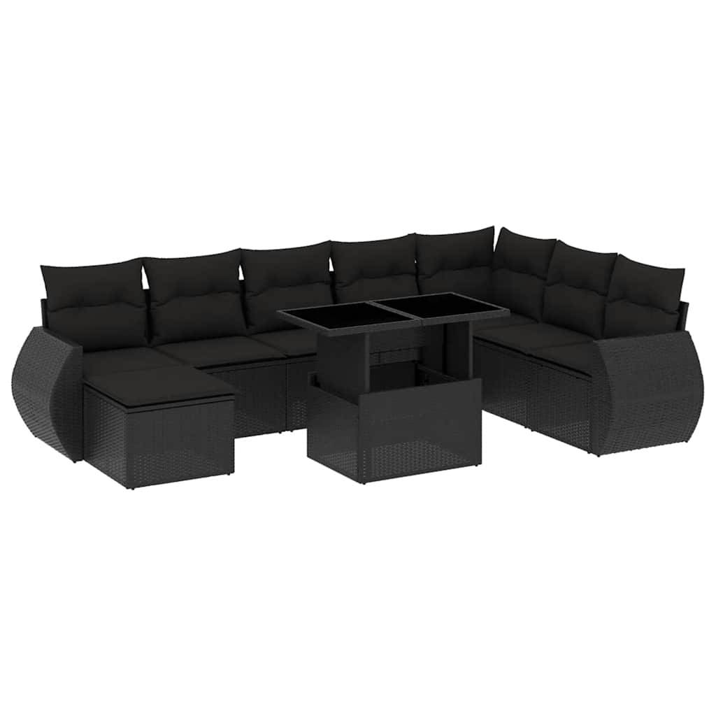 vidaXL 9-tlg. Garten-Sofagarnitur mit Kissen Schwarz Poly Rattan