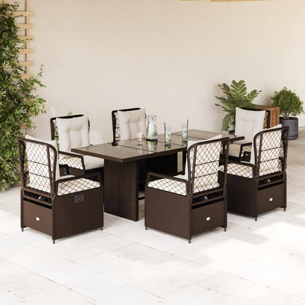 vidaXL 7-tlg. Garten-Essgruppe mit Kissen Braun Poly Rattan