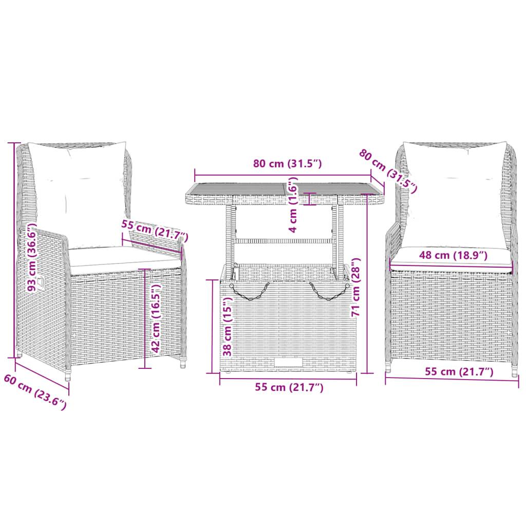 vidaXL 3-tlg. Bistro-Set mit Kissen Schwarz Poly Rattan