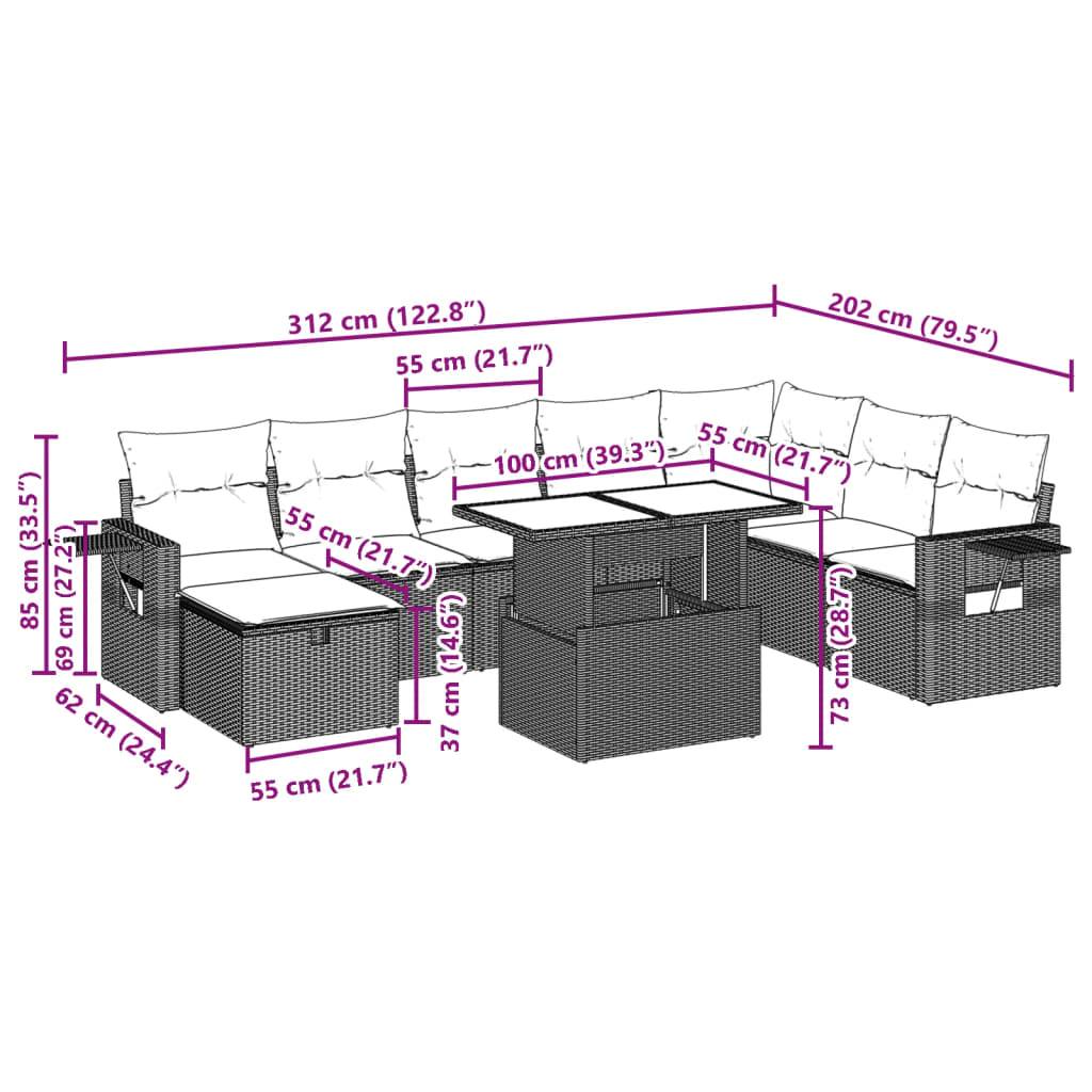 vidaXL 9-tlg. Garten-Sofagarnitur mit Kissen Schwarz Poly Rattan