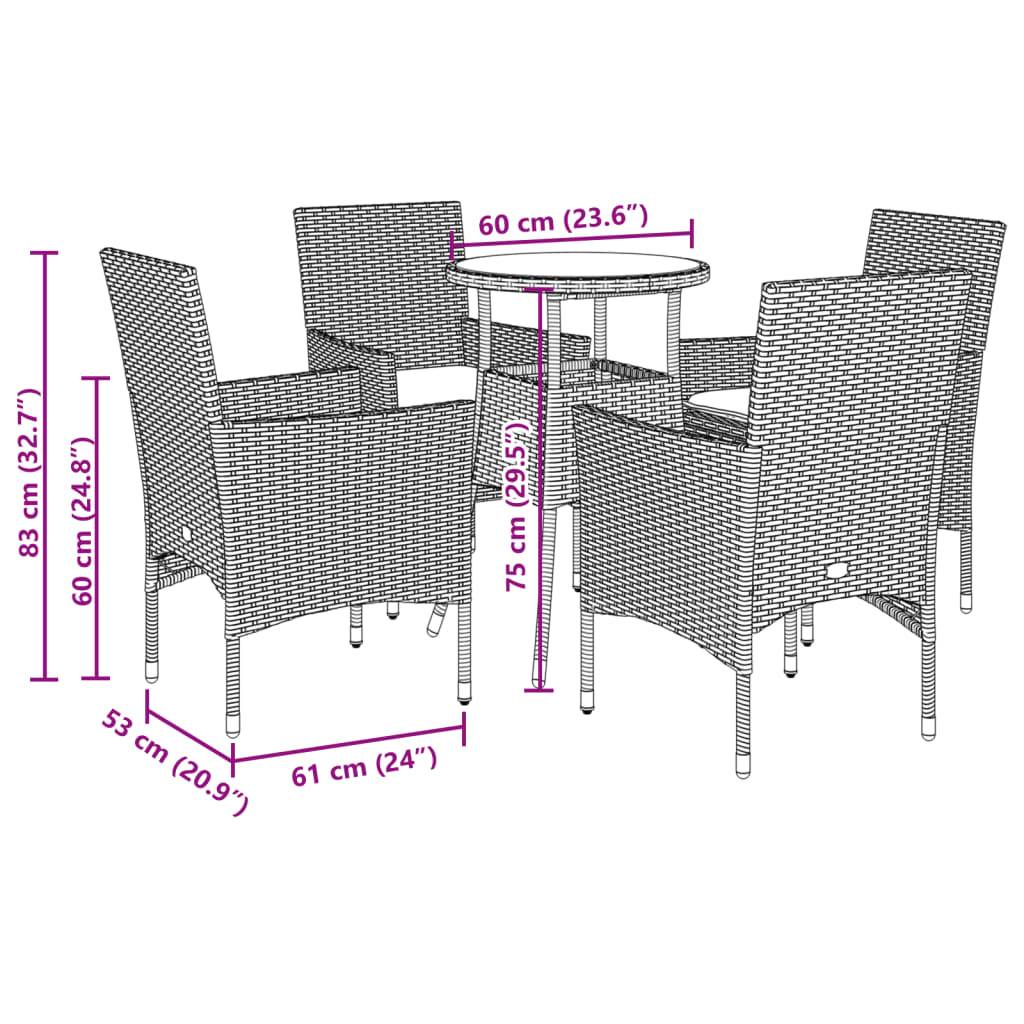 vidaXL 5-tlg. Garten-Essgruppe mit Kissen Grau Poly Rattan und Glas