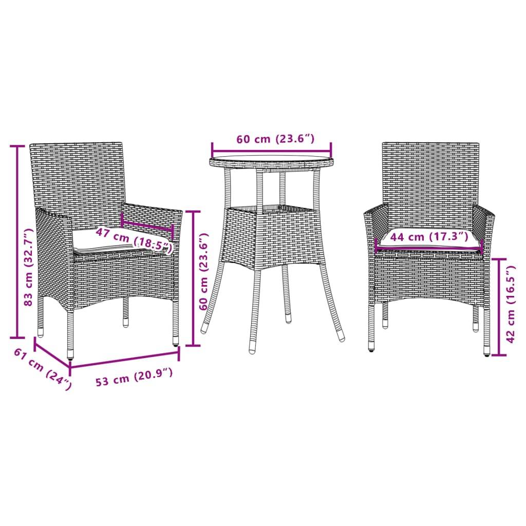 vidaXL 3-tlg. Garten-Essgruppe mit Kissen Grau Poly Rattan Akazie