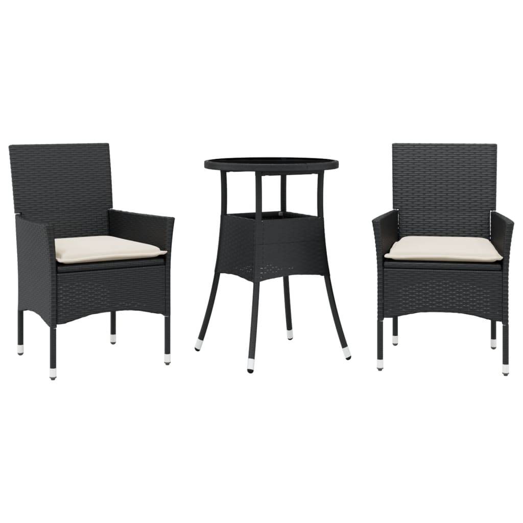 vidaXL 3-tlg. Garten-Essgruppe mit Kissen Schwarz Poly Rattan Glas