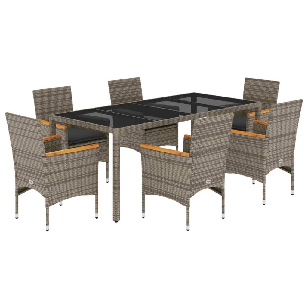 vidaXL 7-tlg. Garten-Essgruppe mit Kissen Grau Poly Rattan und Glas