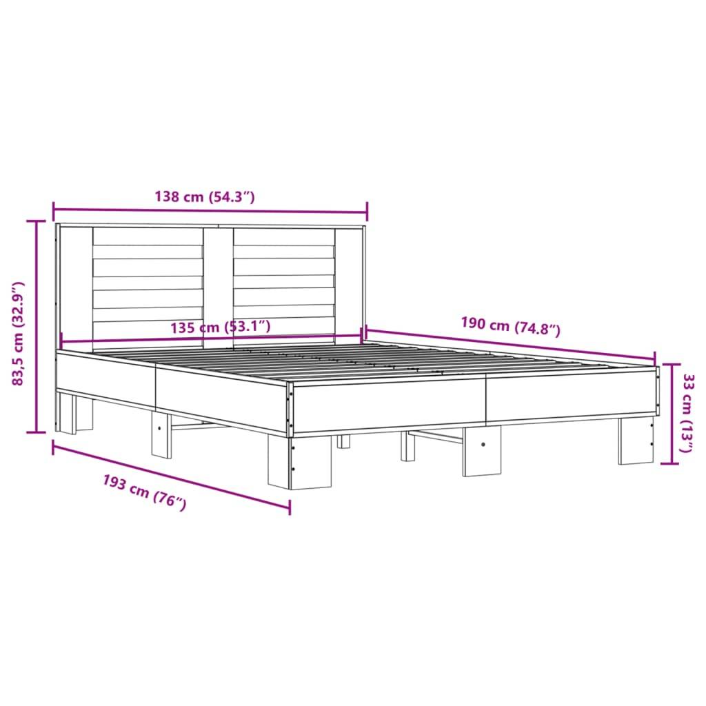 vidaXL Bettgestell Braun Eichen-Optik 135x190 cm Holzwerkstoff Metall