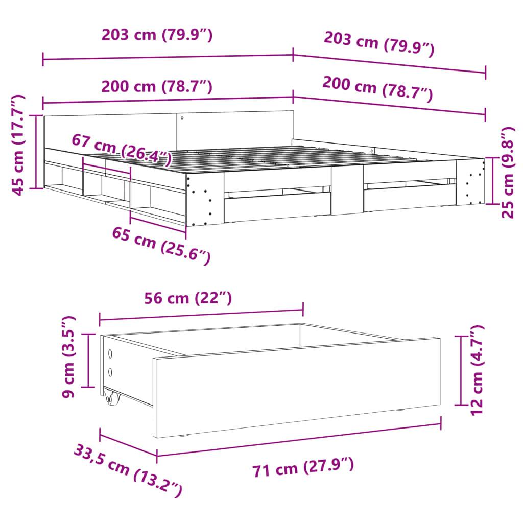 vidaXL Bettgestell mit Schubladen Betongrau 200x200 cm Holzwerkstoff