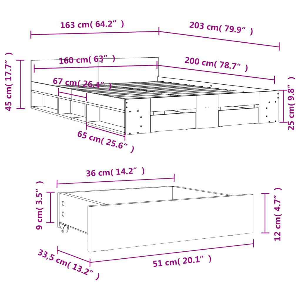 vidaXL Bettgestell mit Schubladen Braun Eichen-Optik 160x200 cm