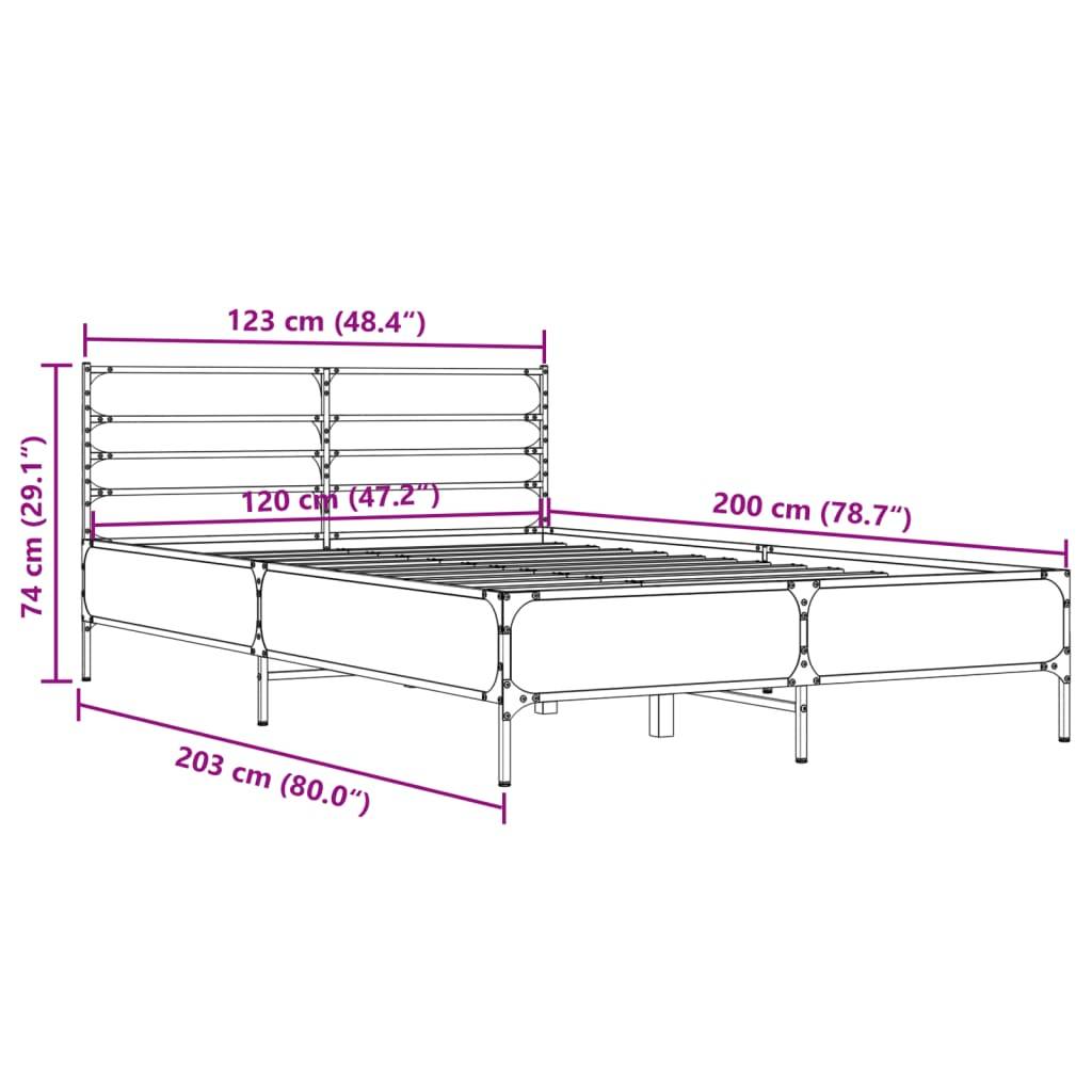vidaXL Bettgestell Grau Sonoma 120x200 cm Holzwerkstoff und Metall