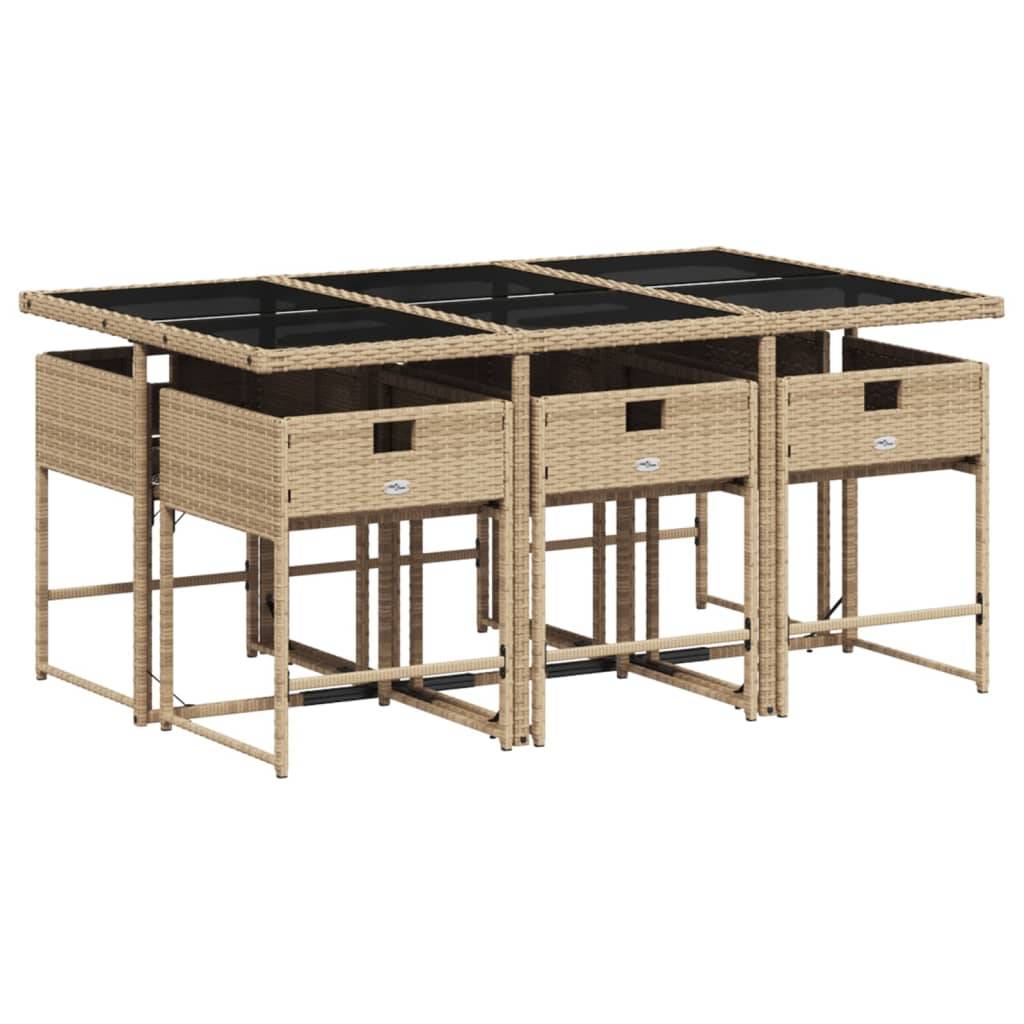 vidaXL 7-tlg. Garten-Essgruppe mit Kissen Beige Poly Rattan