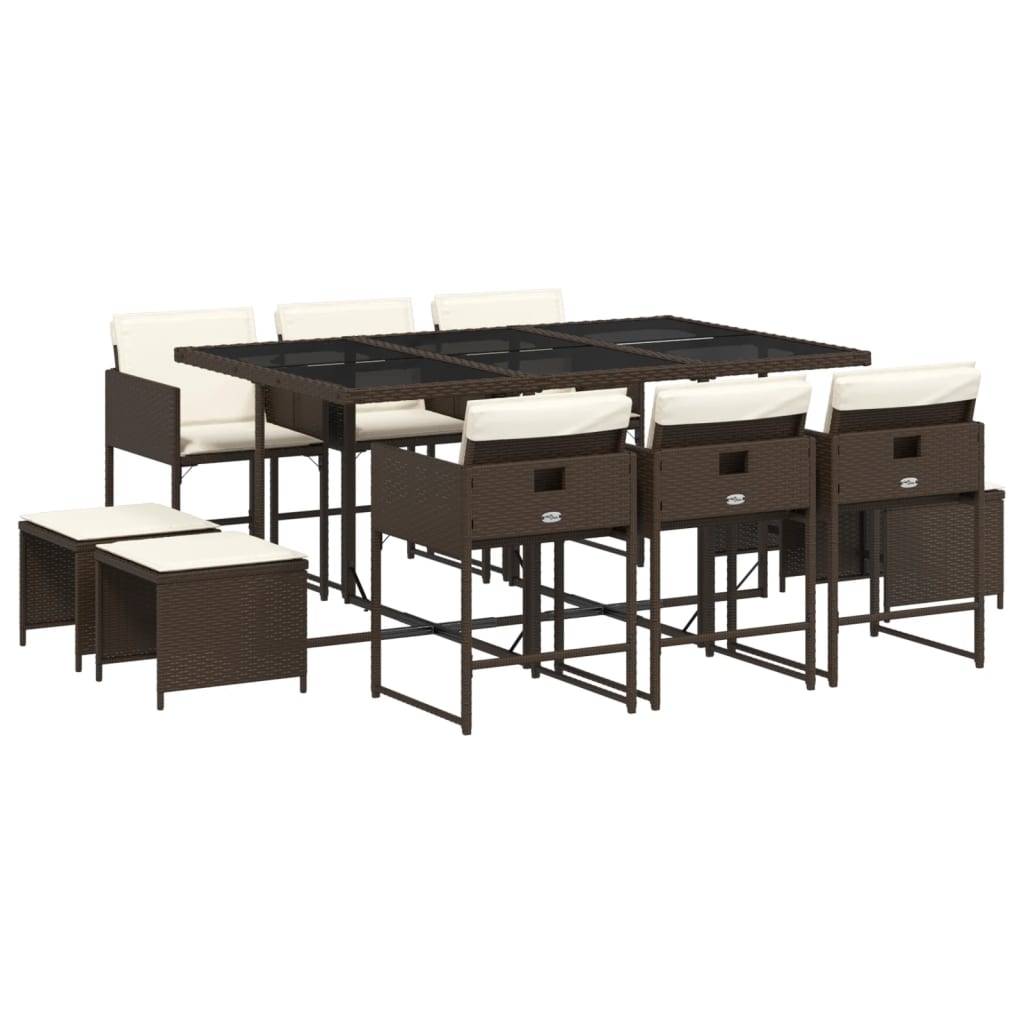 vidaXL 11-tlg. Garten-Essgruppe mit Kissen Braun Poly Rattan