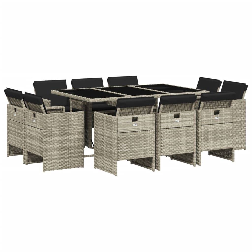 vidaXL 11-tlg. Garten-Essgruppe mit Kissen Hellgrau Poly Rattan