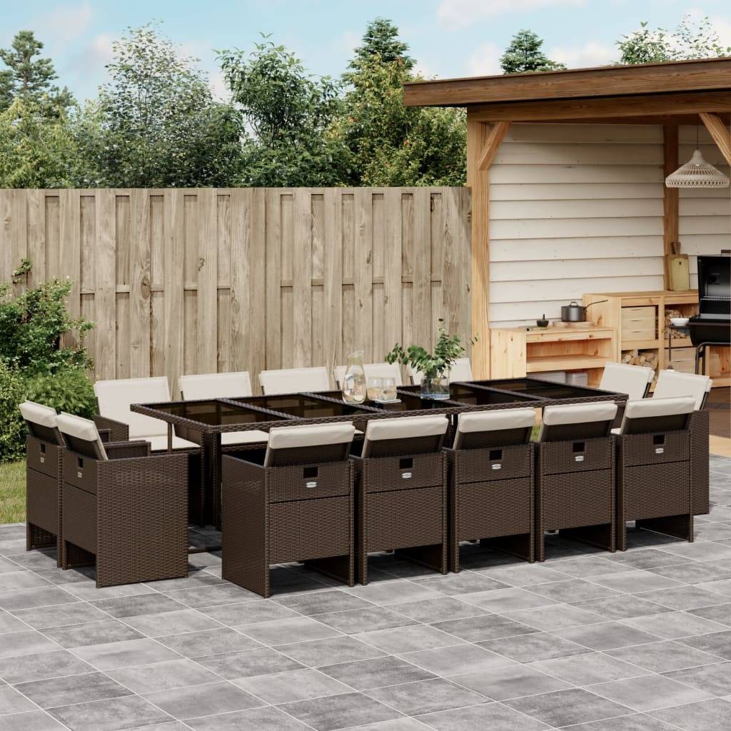 vidaXL 15-tlg. Garten-Essgruppe mit Kissen Braun Poly Rattan
