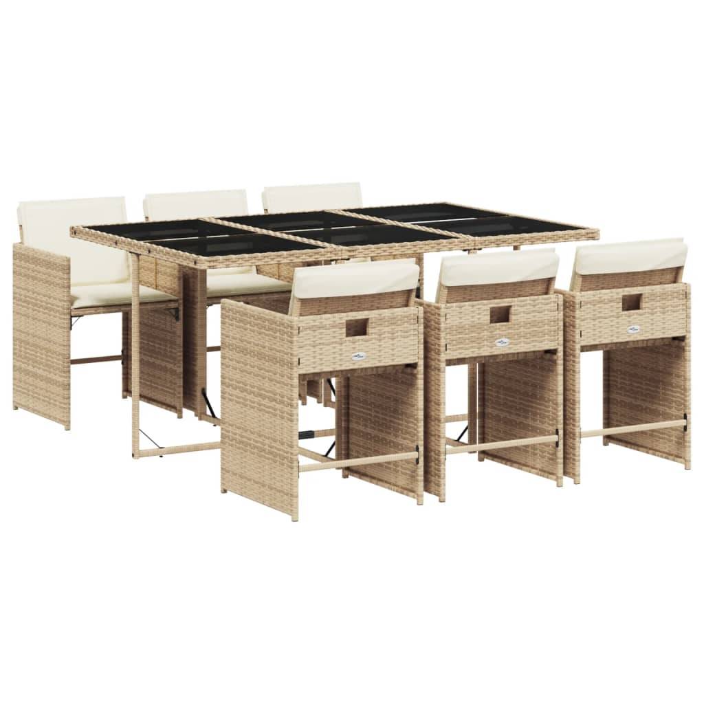 vidaXL 7-tlg. Garten-Essgruppe mit Kissen Beige Poly Rattan
