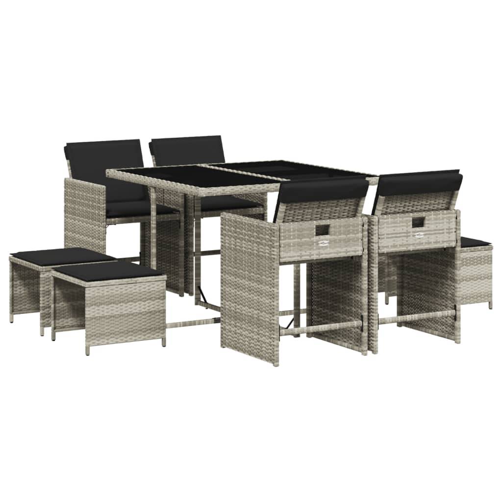 vidaXL 9-tlg. Garten-Essgruppe mit Kissen Hellgrau Poly Rattan