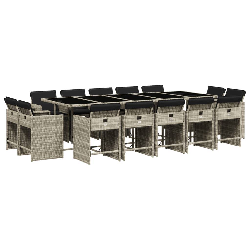 vidaXL 15-tlg. Garten-Essgruppe mit Kissen Hellgrau Poly Rattan