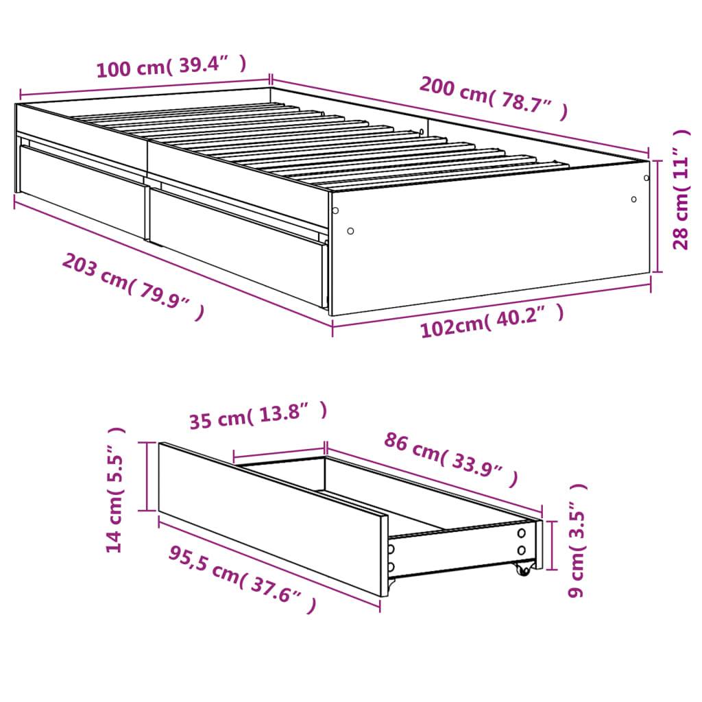 vidaXL Bettgestell mit Schubladen Betongrau 100x200 cm Holzwerkstoff