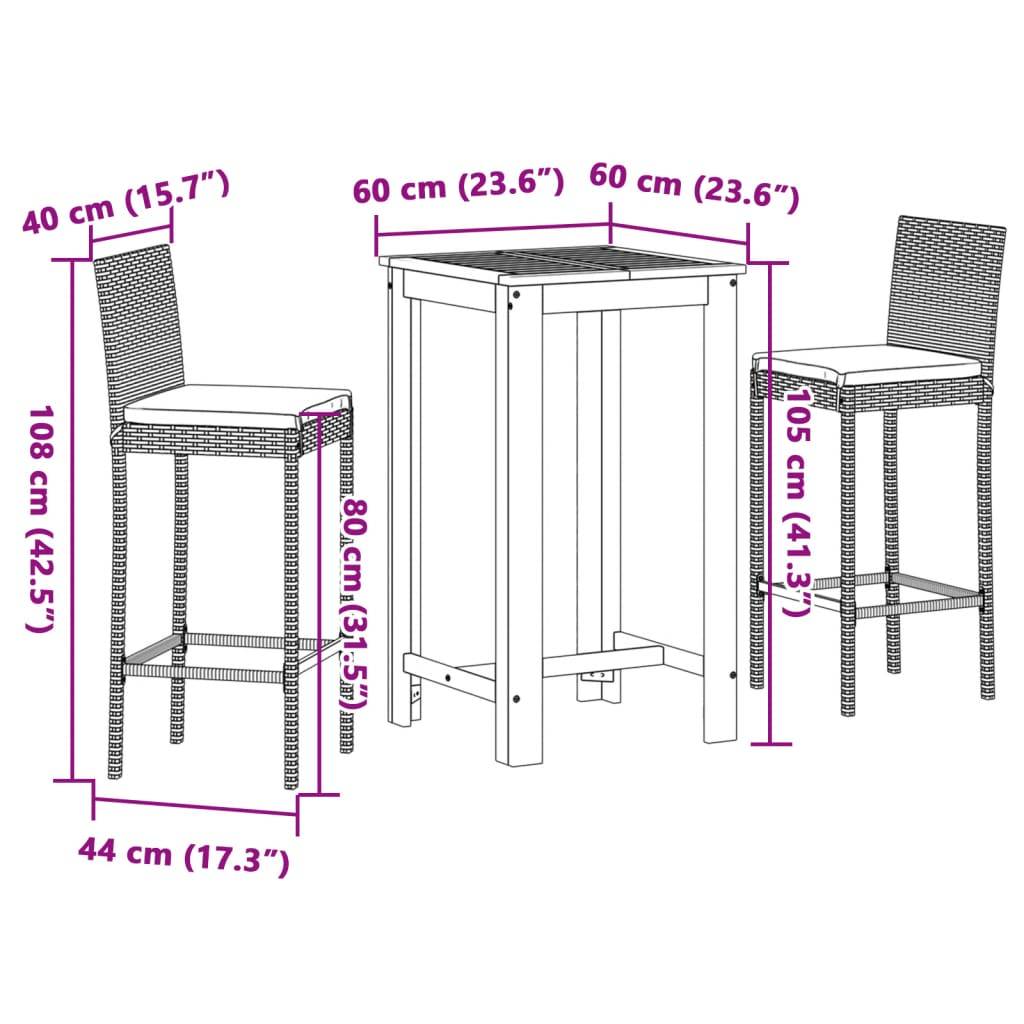 vidaXL 3-tlg. Gartenbar-Set Schwarz Massivholz Akazie und Poly Rattan