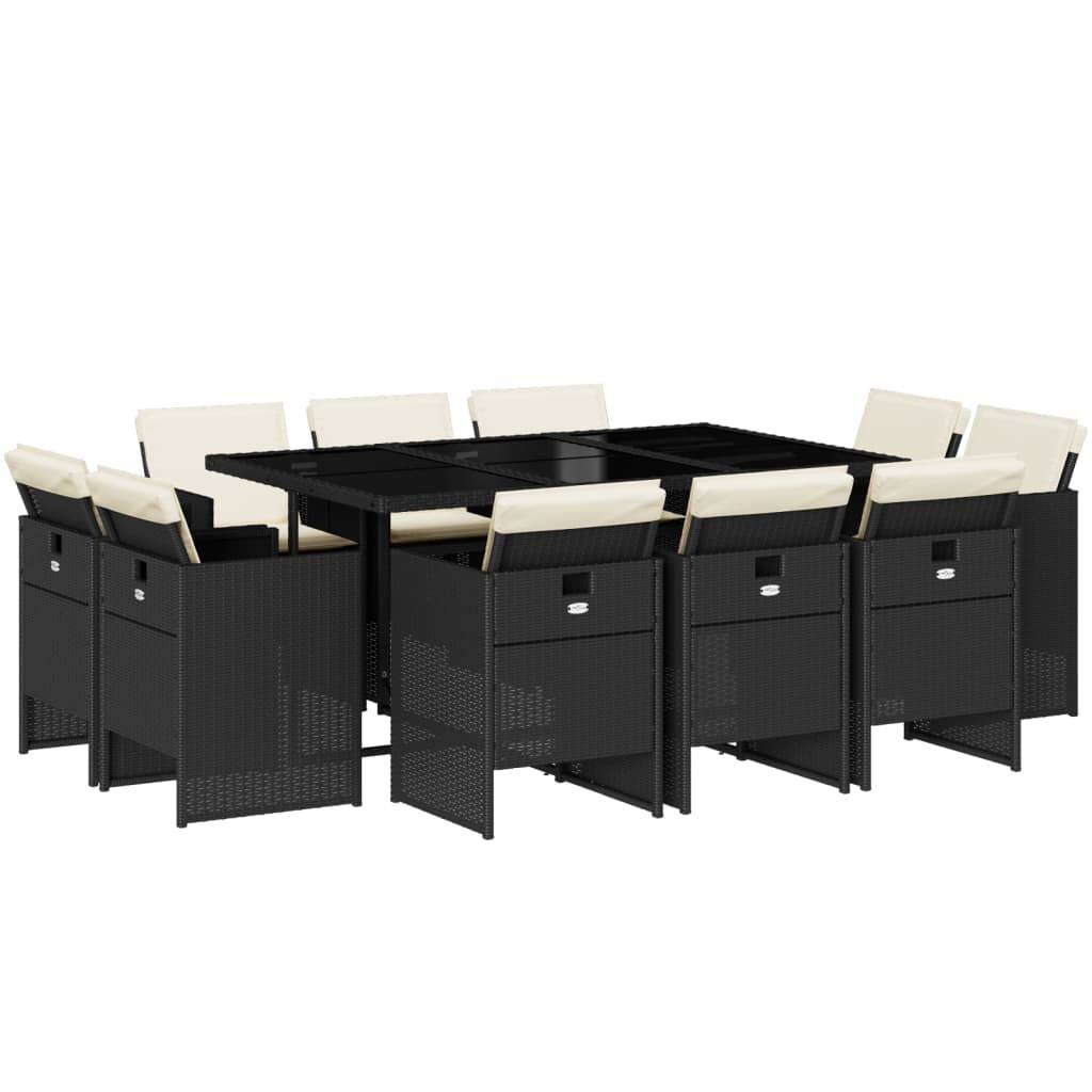 vidaXL 11-tlg. Garten-Essgruppe mit Kissen Schwarz Poly Rattan