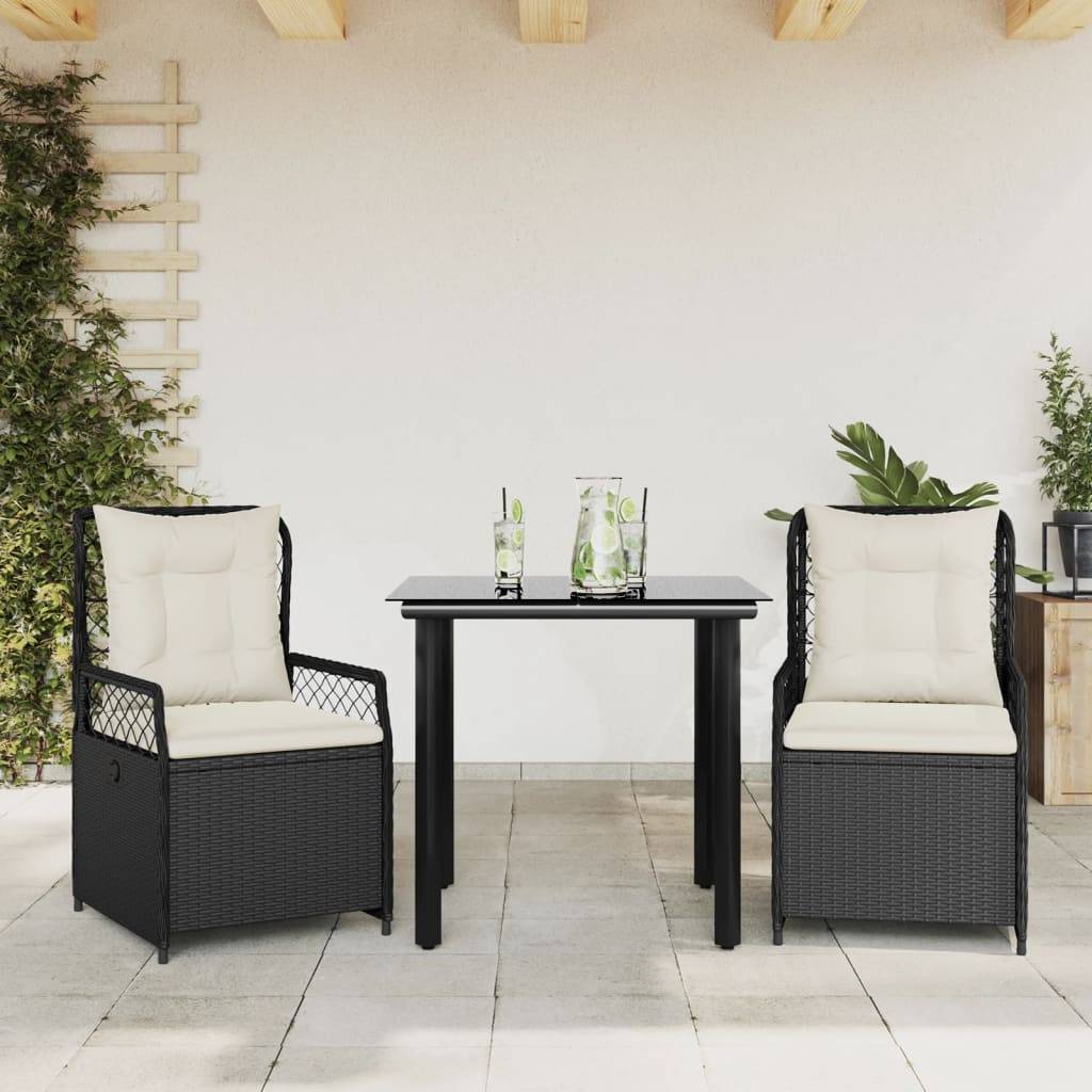 vidaXL 3-tlg. Garten-Essgruppe mit Kissen Schwarz Poly Rattan