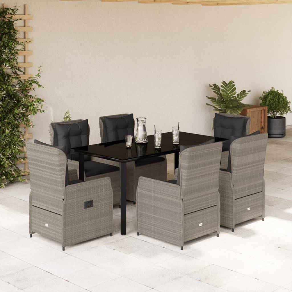 vidaXL 7-tlg. Garten-Essgruppe mit Kissen Hellgrau Poly Rattan