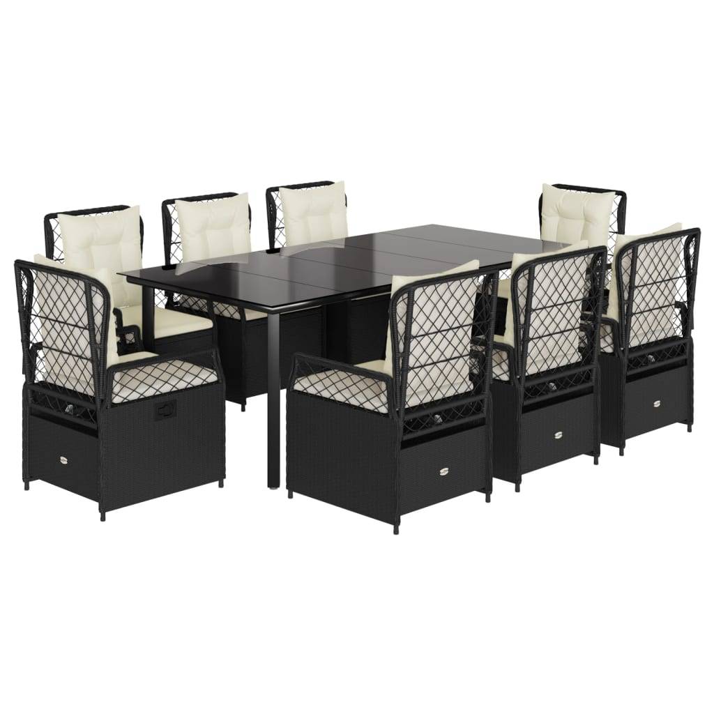 vidaXL 9-tlg. Garten-Essgruppe mit Kissen Schwarz Poly Rattan