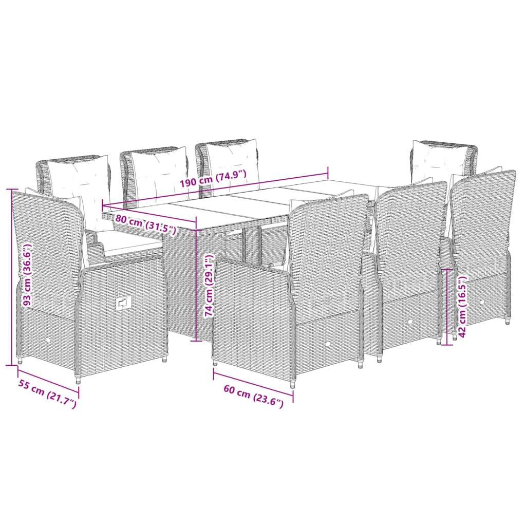 vidaXL 9-tlg. Garten-Essgruppe mit Kissen Grau Poly Rattan