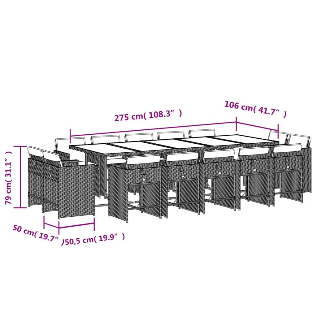vidaXL 15-tlg. Garten-Essgruppe mit Kissen Hellgrau Poly Rattan