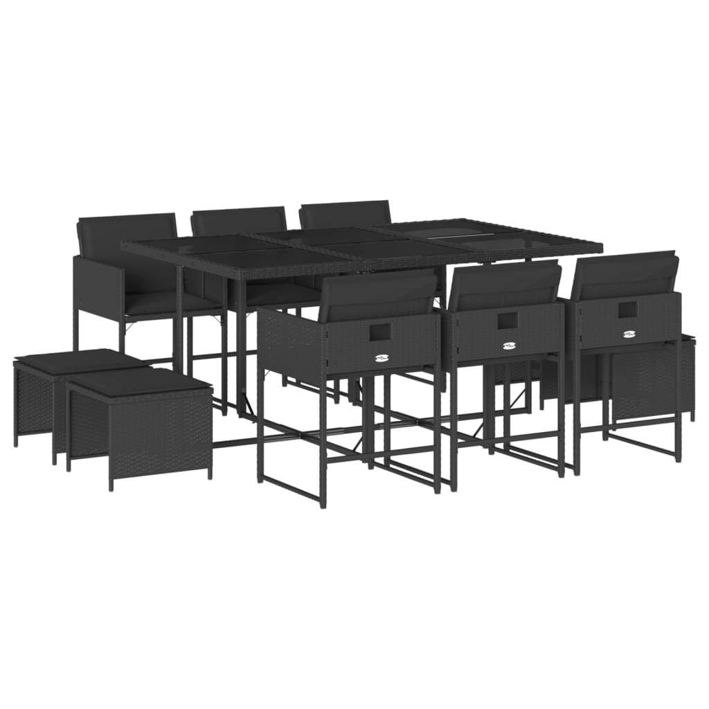 vidaXL 11-tlg. Garten-Essgruppe mit Kissen Schwarz Poly Rattan