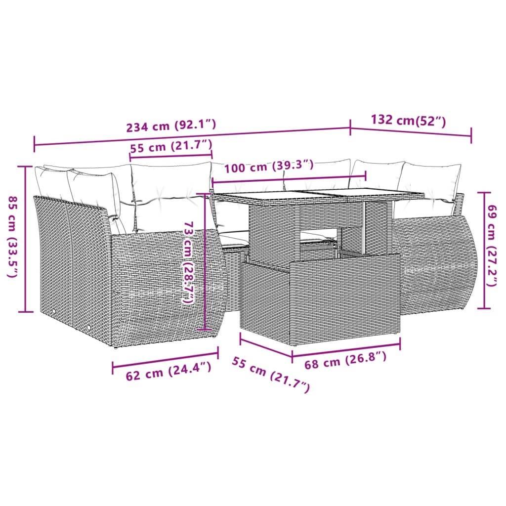 vidaXL 7-tlg. Garten-Sofagarnitur mit Kissen Schwarz Poly Rattan