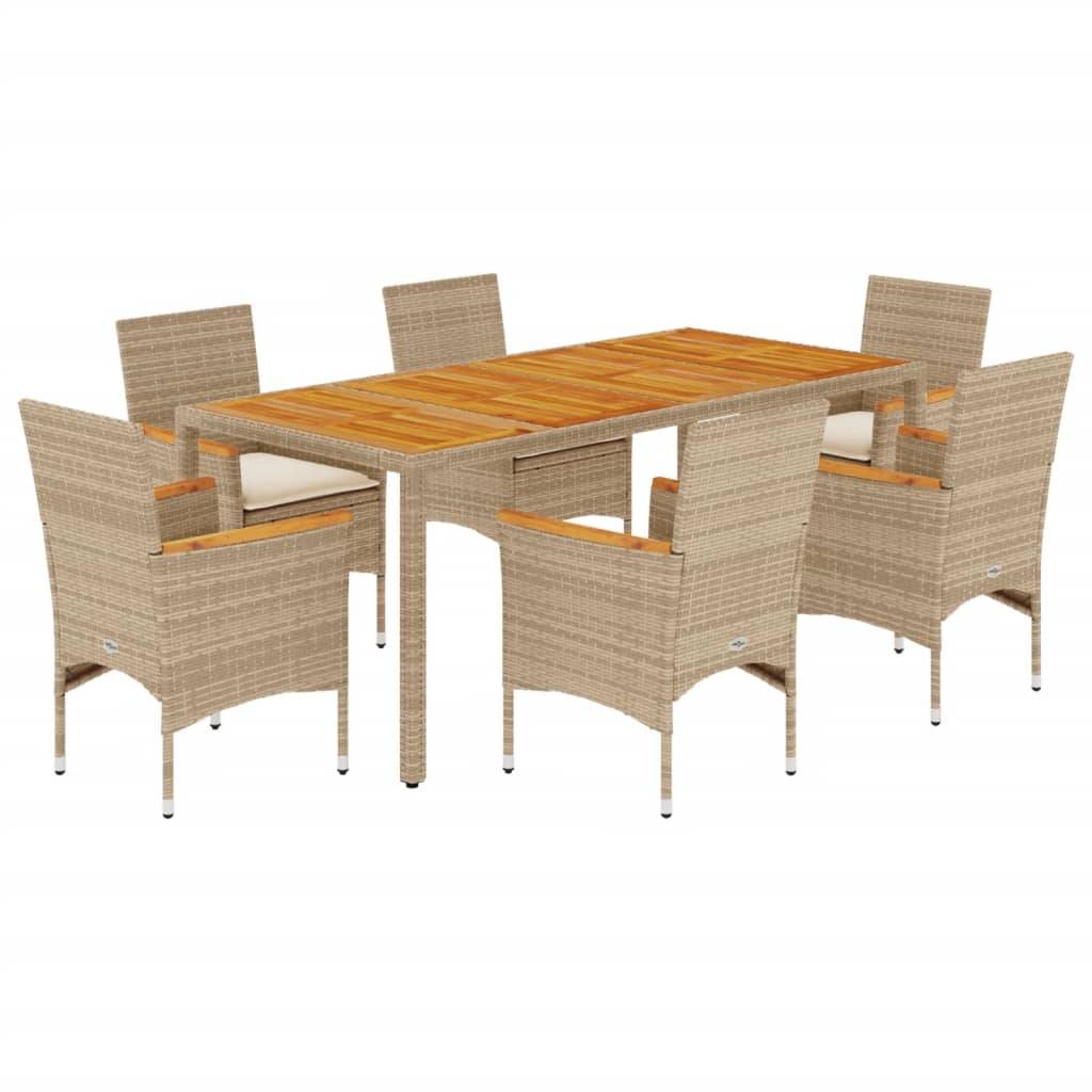 vidaXL 7-tlg. Garten-Essgruppe mit Kissen Beige Poly Rattan Akazie