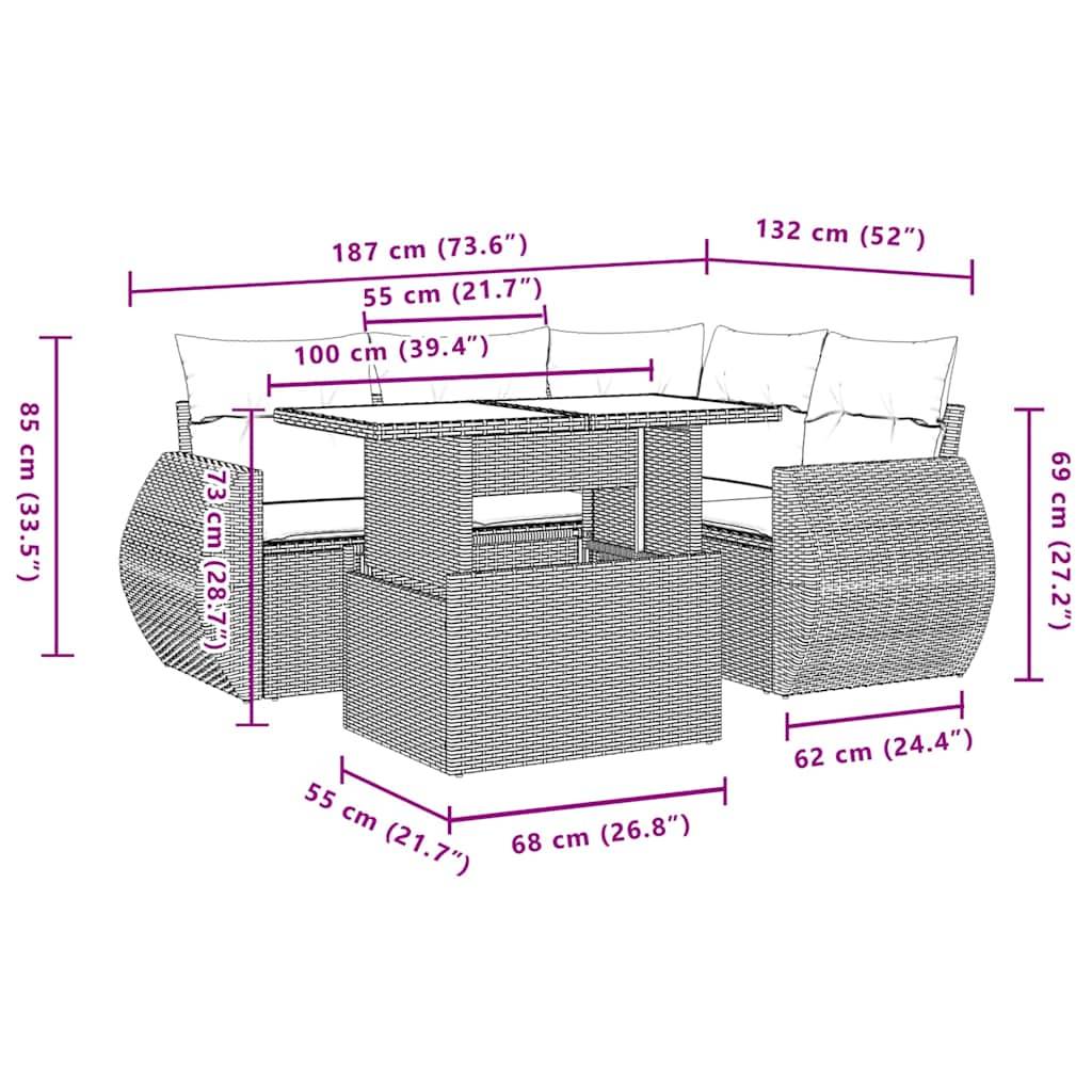 vidaXL 5-tlg. Garten-Sofagarnitur mit Kissen Schwarz Poly Rattan