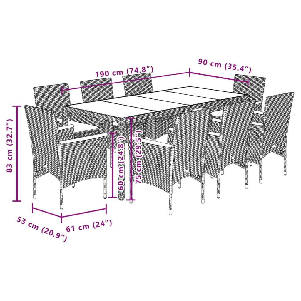 vidaXL 9-tlg. Garten-Essgruppe mit Kissen Grau Poly Rattan und Glas