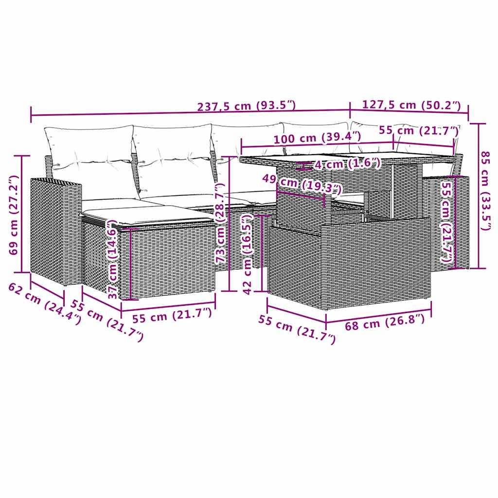 vidaXL 7-tlg. Garten-Sofagarnitur mit Kissen Schwarz Poly Rattan