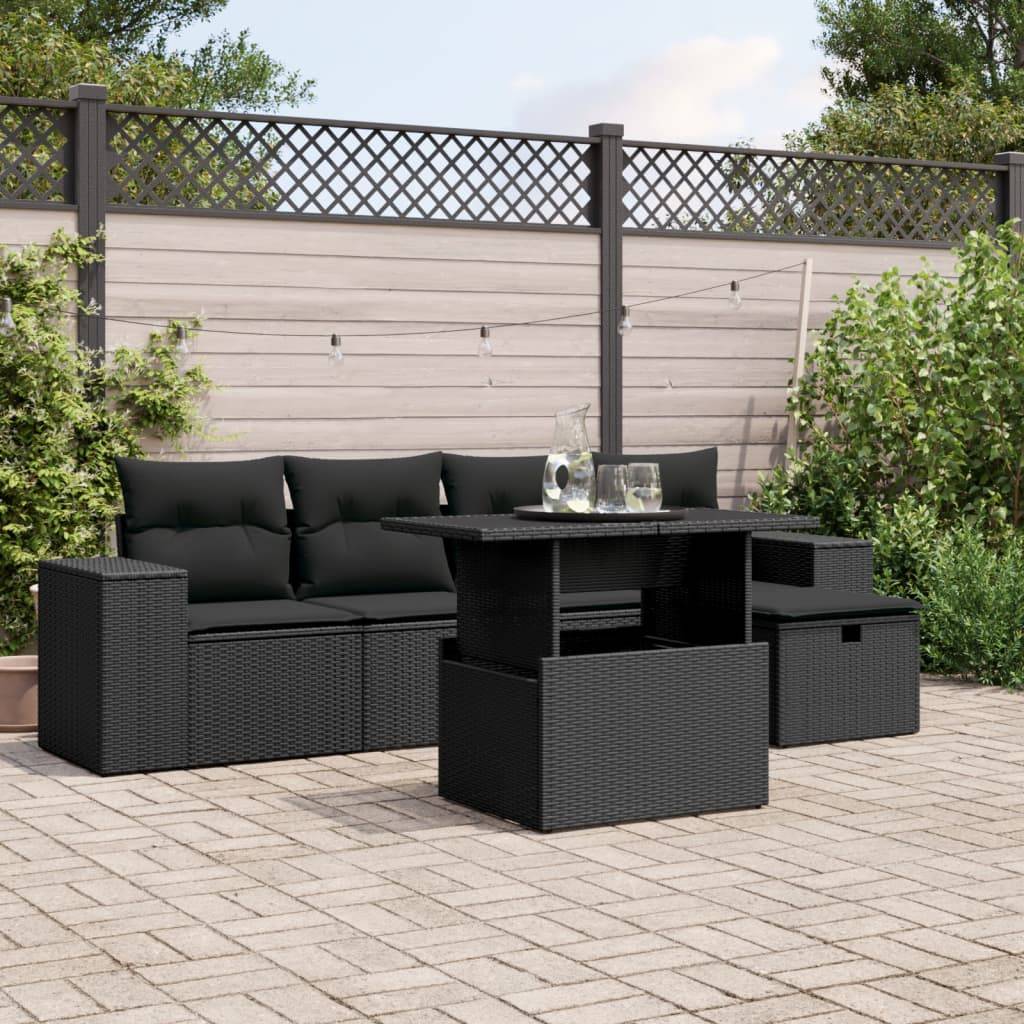 vidaXL 6-tlg. Garten-Sofagarnitur mit Kissen Schwarz Poly Rattan
