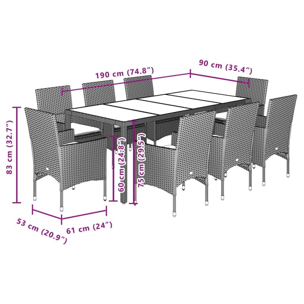 vidaXL 9-tlg. Garten-Essgruppe mit Kissen Grau Poly Rattan und Glas