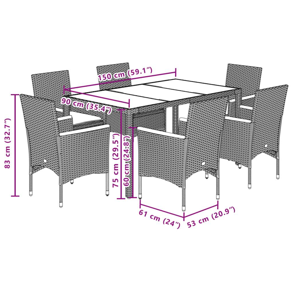 vidaXL 7-tlg. Garten-Essgruppe mit Kissen Schwarz Poly Rattan Glas