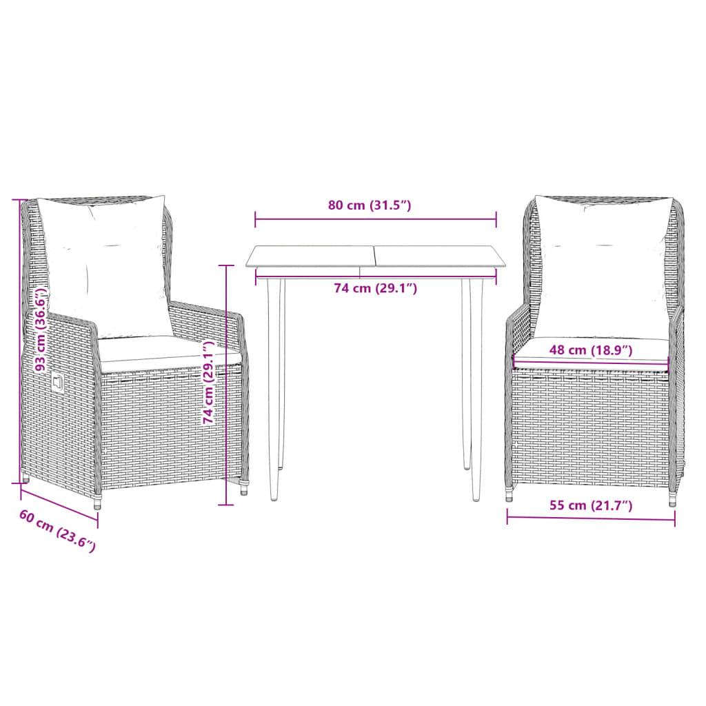 vidaXL 3-tlg. Garten-Essgruppe mit Kissen Hellgrau Poly Rattan