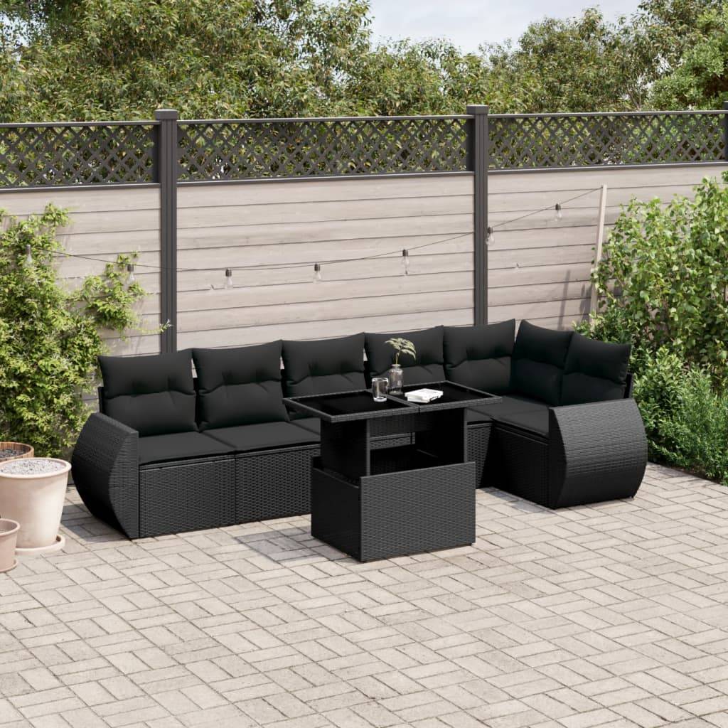 vidaXL 7-tlg. Garten-Sofagarnitur mit Kissen Schwarz Poly Rattan