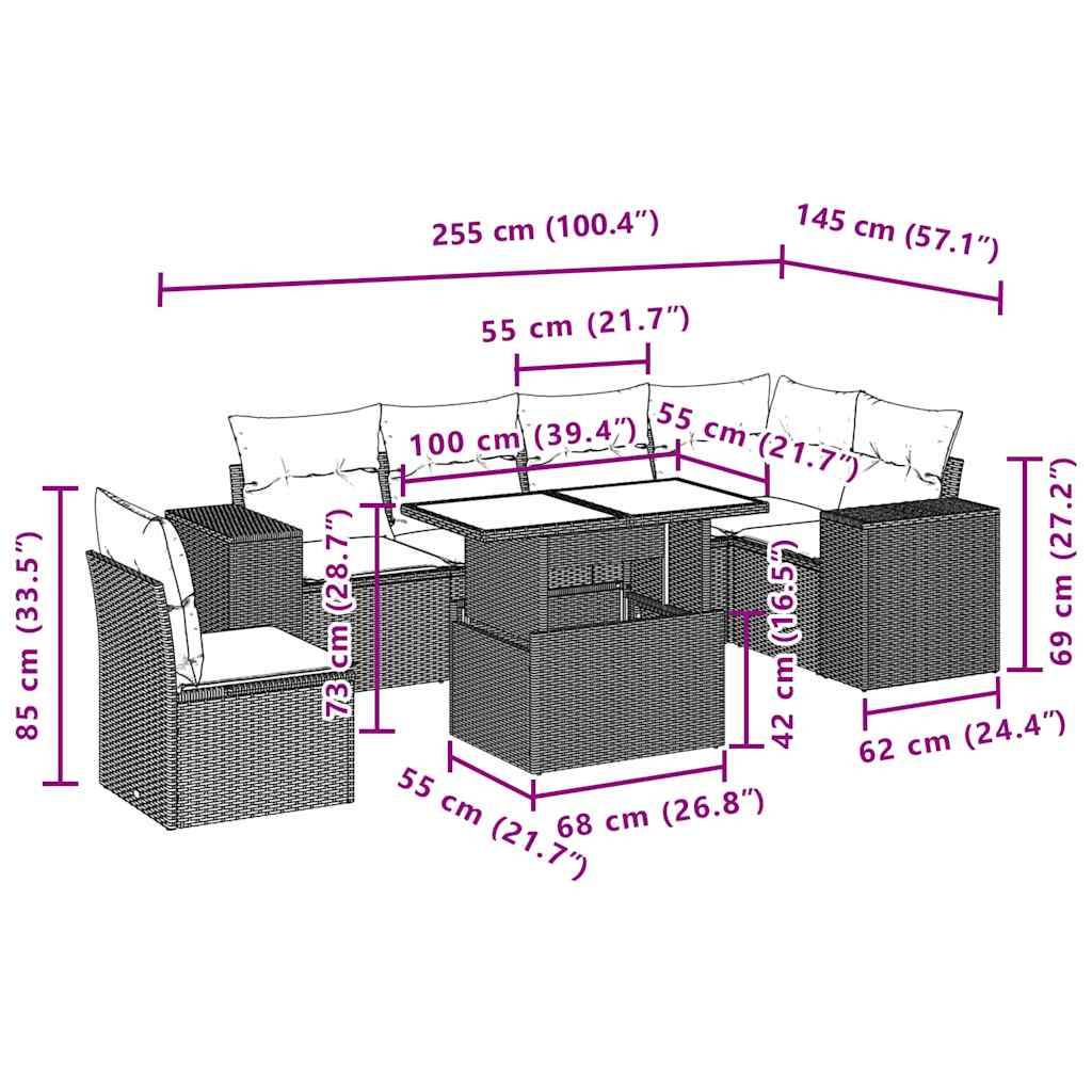 vidaXL 7-tlg. Garten-Sofagarnitur mit Kissen Schwarz Poly Rattan