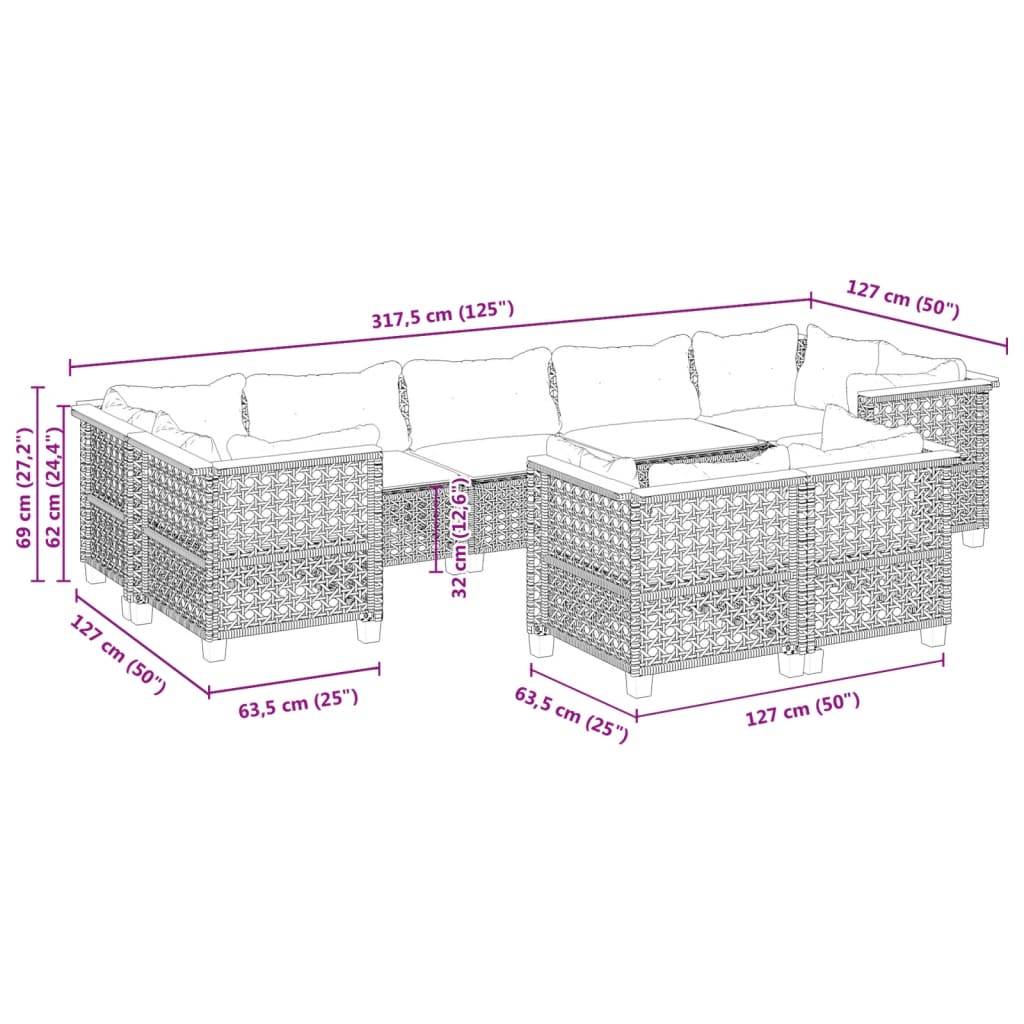 vidaXL 9-tlg. Garten-Sofagarnitur mit Kissen Schwarz Poly Rattan