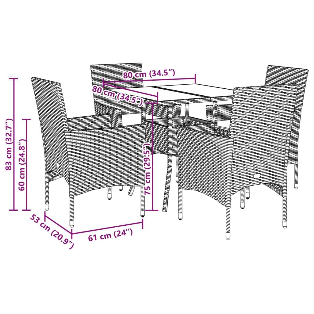 vidaXL 5-tlg. Garten-Essgruppe mit Kissen Hellgrau Poly Rattan Glas