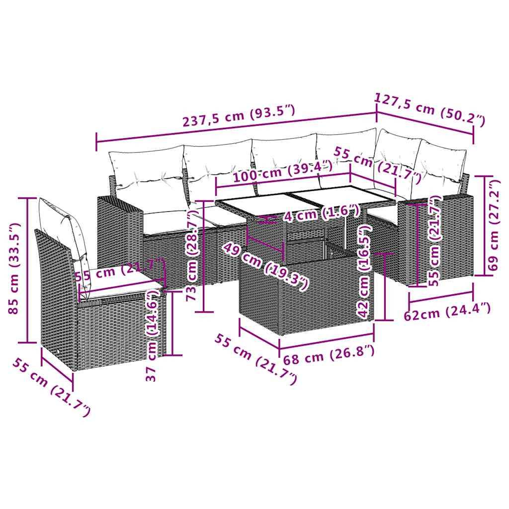 vidaXL 7-tlg. Garten-Sofagarnitur mit Kissen Schwarz Poly Rattan