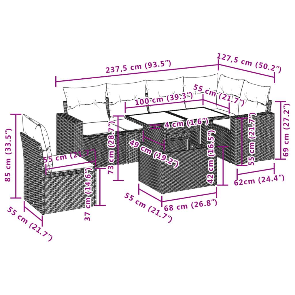 vidaXL 7-tlg. Garten-Sofagarnitur mit Kissen Schwarz Poly Rattan
