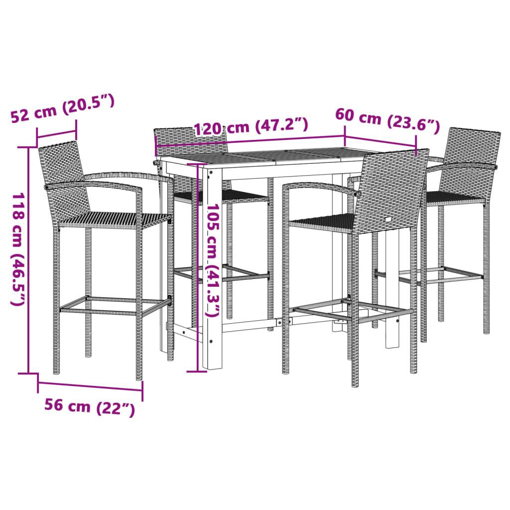 vidaXL 5-tlg. Gartenbar-Set Braun Massivholz Akazie und Poly Rattan
