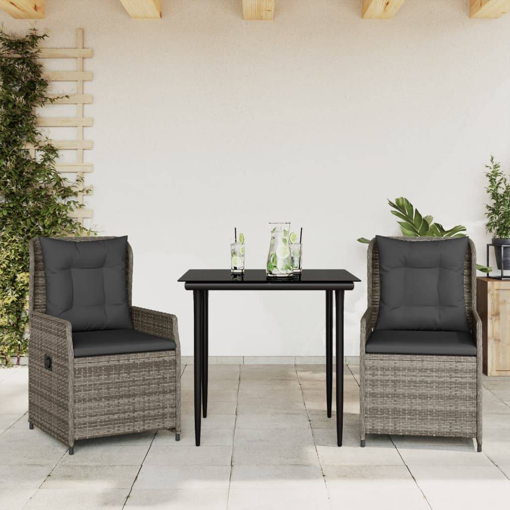 vidaXL 3-tlg. Garten-Essgruppe mit Kissen Grau Poly Rattan