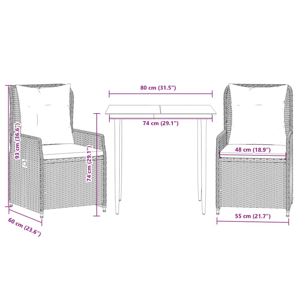 vidaXL 3-tlg. Garten-Essgruppe mit Kissen Grau Poly Rattan