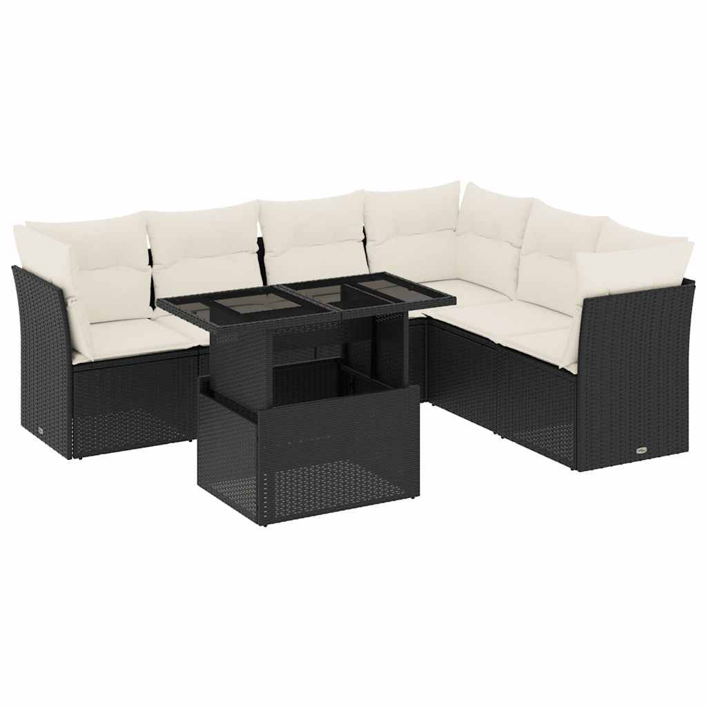 vidaXL 7-tlg. Garten-Sofagarnitur mit Kissen Schwarz Poly Rattan